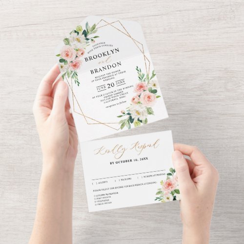 Pastel Blush Pretty Pink Floral Botanical Wedding  All In One Invitation