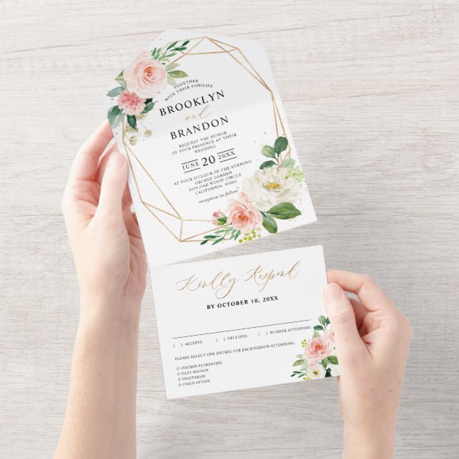 Pastel Blush Pretty Pink Floral Botanical Wedding All In One Invitation (Tearaway)