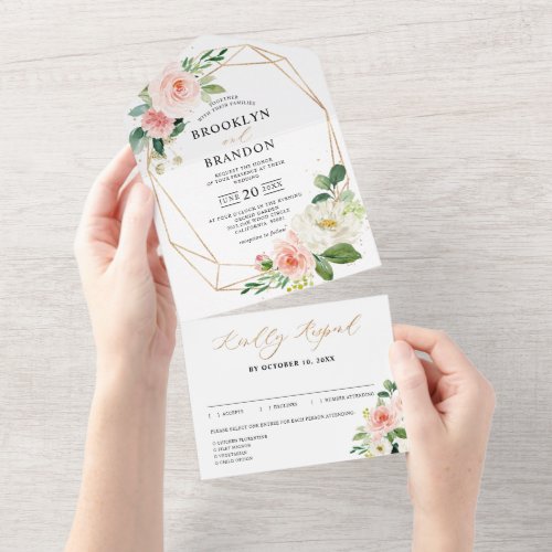 Pastel Blush Pretty Pink Floral Botanical Wedding All In One Invitation