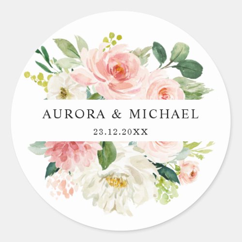 Pastel Blush Pretty Pink Floral Botanical Wedding Classic Round Sticker