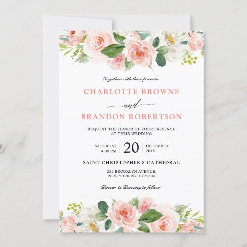 Pastel Blush Pretty Pink Floral Botanical Wedding Invitation