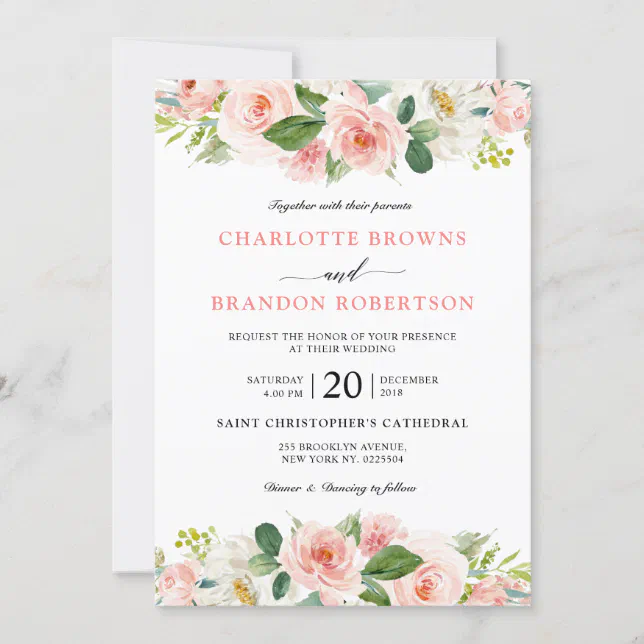 Pastel Blush Pretty Pink Floral Botanical Wedding Invitation | Zazzle