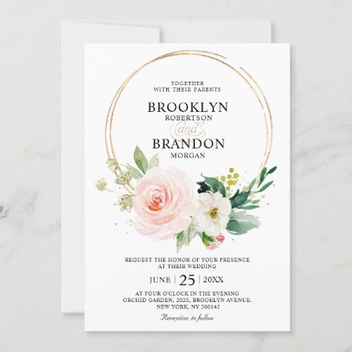 Pastel Blush Pretty Pink Floral Botanical Wedding Invitation
