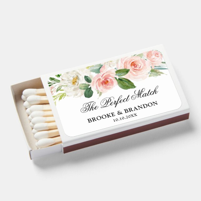 Pastel Blush Pretty Pink Floral Botanical Wedding Matchboxes (Front Open)