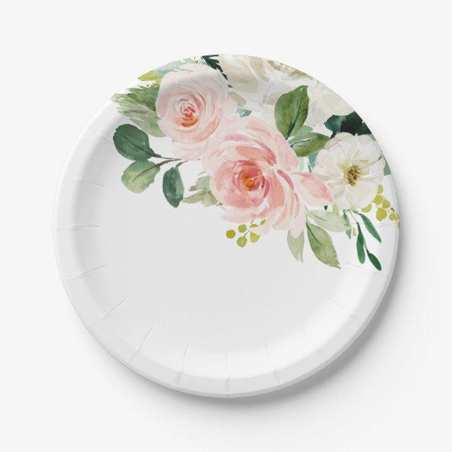 Pastel Blush Pretty Pink Floral Botanical Wedding Paper Plates (Front)