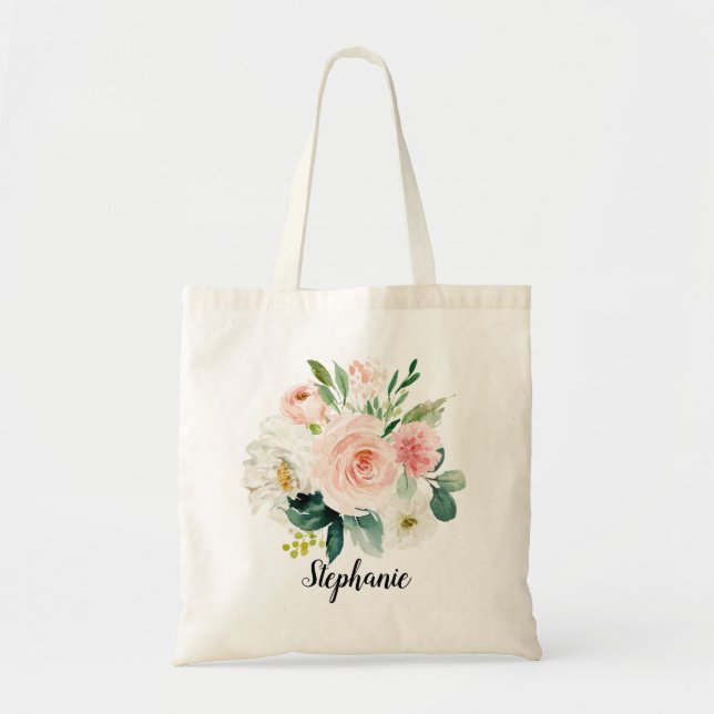 Pastel Blush Pretty Pink Floral Botanical Wedding Tote Bag (Front)