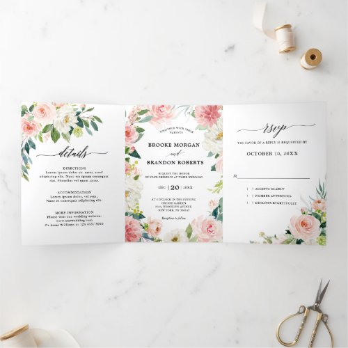 Pastel Blush Pretty Pink Floral Botanical Wedding Tri_Fold Announcement