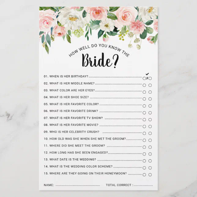 Pastel Blush Pretty Pink Floral Bridal Shower Game | Zazzle