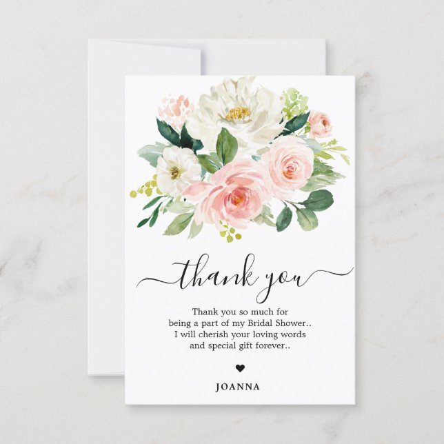 Pastel Blush Pretty Pink Floral Bridal Shower Thank You Card (Front)