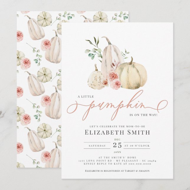 Pastel Blush Pumpkin Greenery Floral Watercolor Invitation (Front/Back)