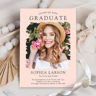 Pastel Blush Romantic Floral Photo Graduation Announcement
