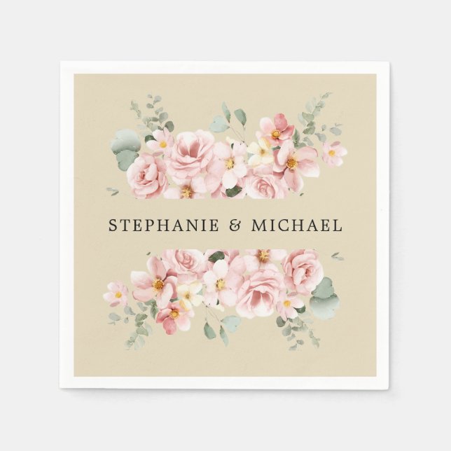 Pastel Blush Rose Floral Botanical Wedding  Napkins (Front)