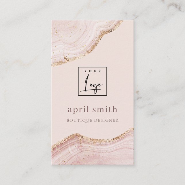 Pastel Blush Rose Gold Agate Marble Texture Logo Business Card (Front)