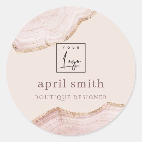  Pastel Blush Rose Gold Agate Marble Texture Logo Classic Round Sticker