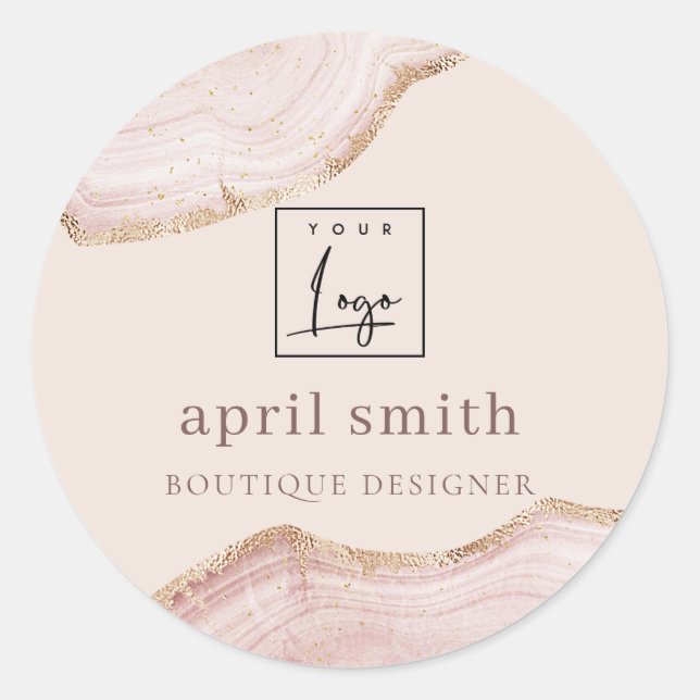  Pastel Blush Rose Gold Agate Marble Texture Logo Classic Round Sticker (Front)