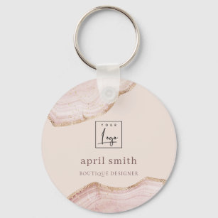  Pastel Blush Rose Gold Agate Marble Texture Logo Keychain