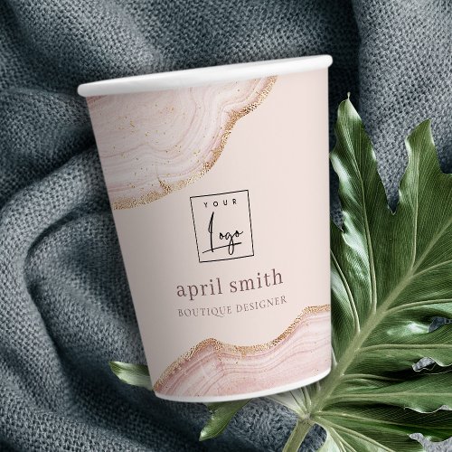  Pastel Blush Rose Gold Agate Marble Texture Logo Paper Cups