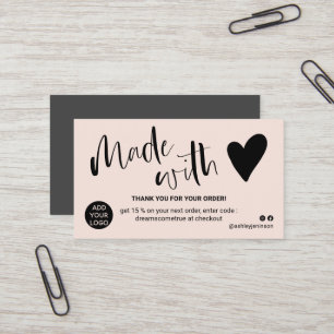 Pastel blush thank you made with love business card