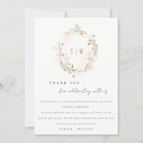 Pastel Blush Wildflower Floral Wreath Wedding Thank You Card