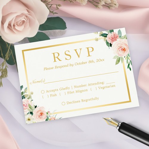 Pastel Blushing Pink Floral Gold Frame RSVP Card