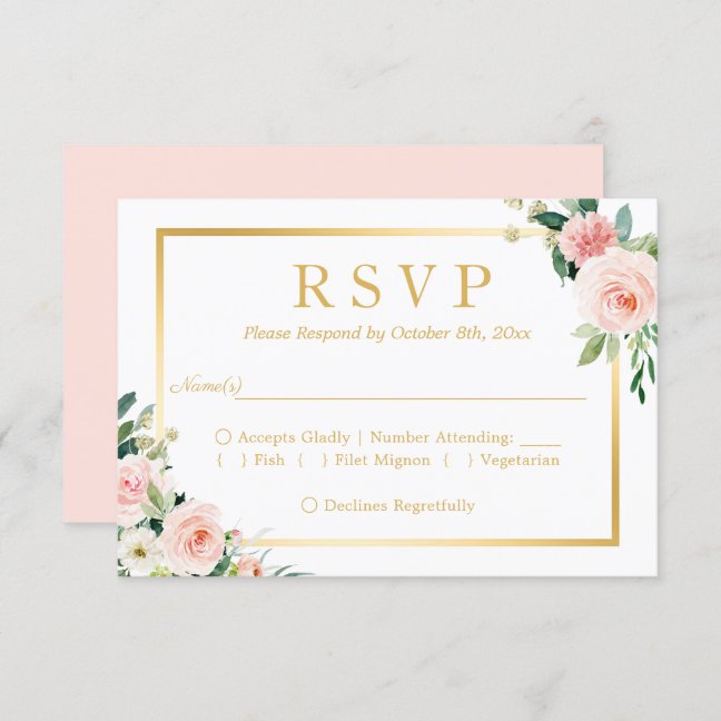 Pastel Blushing Pink Floral Gold Frame RSVP Card