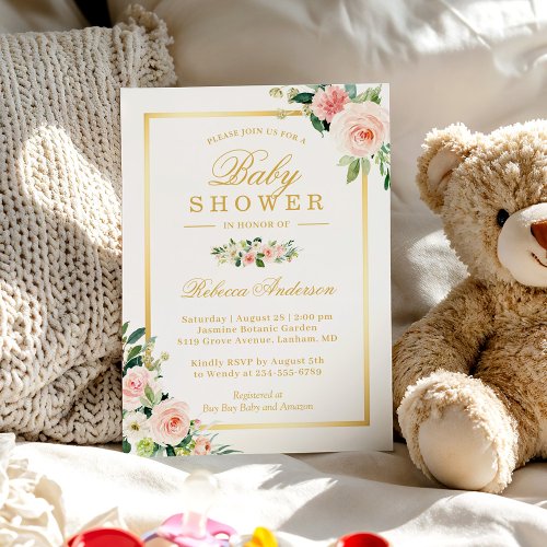 Pastel Blushing Pink Floral Gold Girl Baby Shower Invitation