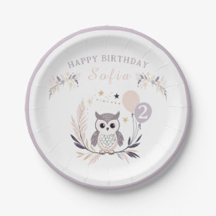 Pastel Boho Baby Owl and Balloons Birthday Paper Plates