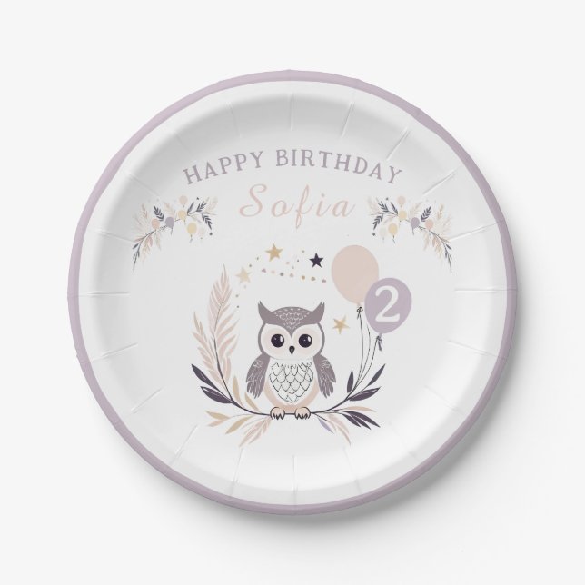 Pastel Boho Baby Owl and Balloons Birthday  Paper Plates (Front)