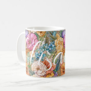 Pastel Boho Big Happy Watercolor Botanical Florals Coffee Mug