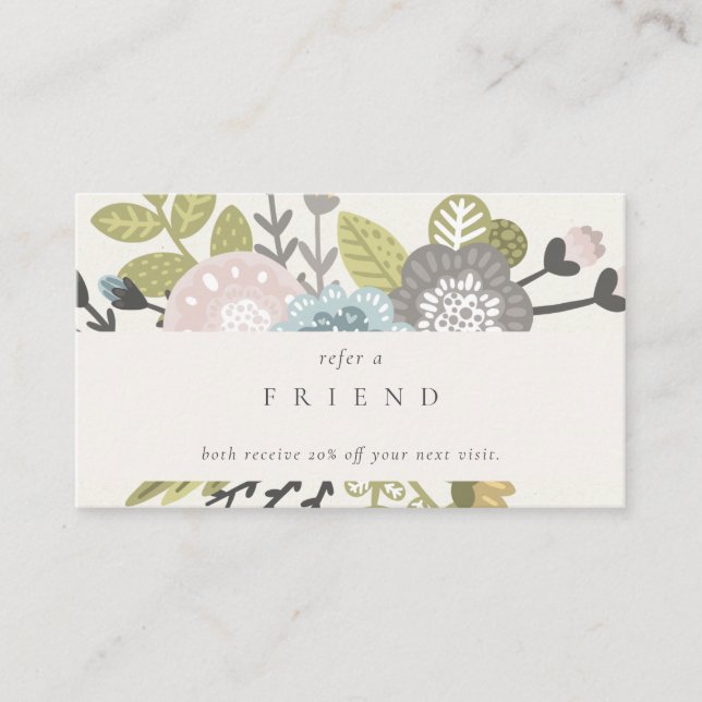 Pastel Boho Blush Blue Green Floral Refer A Friend Business Card (Front)