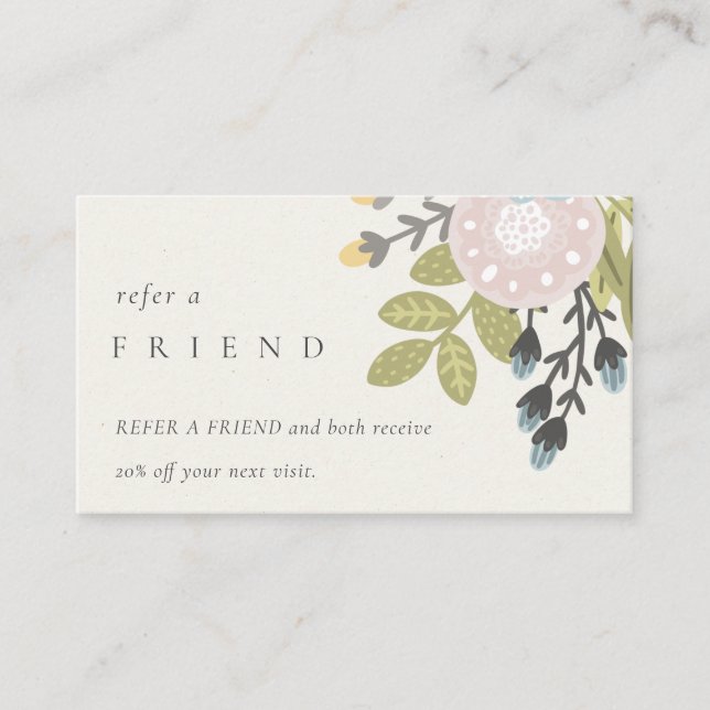 Pastel Boho Blush Blue Green Floral Refer A Friend Business Card (Front)