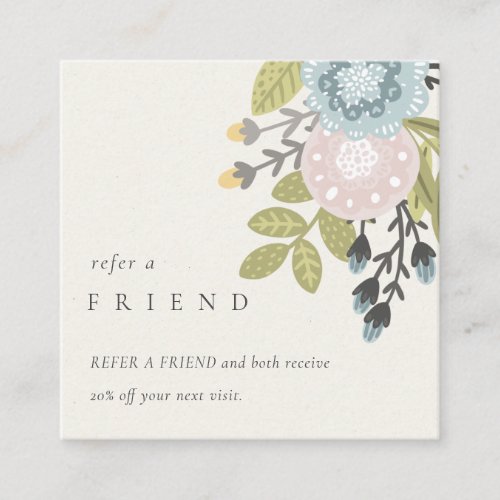 Pastel Boho Blush Blue Green Floral Refer A Friend Square Business Card