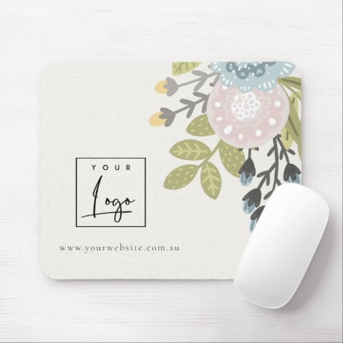 Pastel Boho Blush Blue Leafy Floral Custom Logo  Mouse Pad