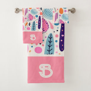Pastel BOHO Botanical Pattern Monogrammed Name Bath Towel Set