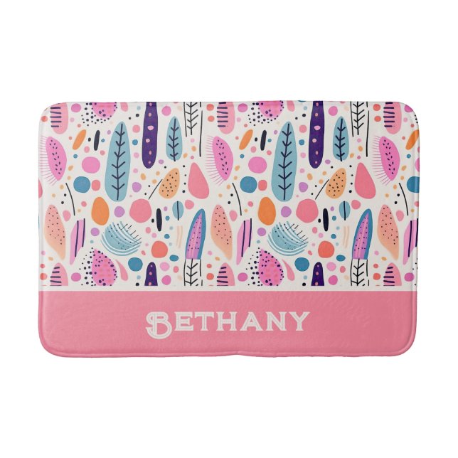 Pastel BOHO Chic Botanical Pattern Custom Name Bath Mat (Front)