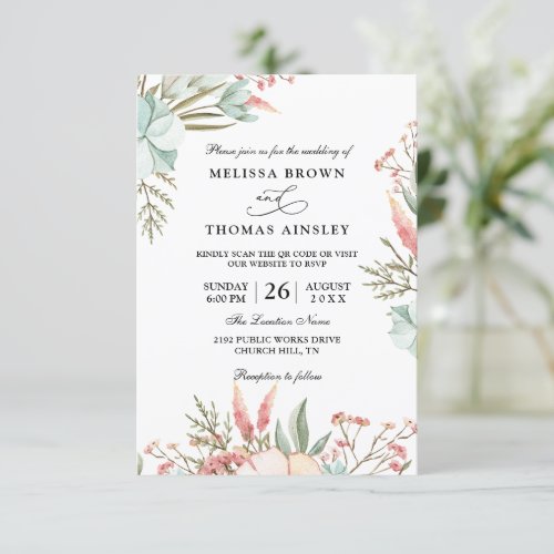 Pastel Boho Elegant Budget QR Code Wedding Invitation