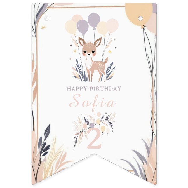 Pastel Boho Fawn and Balloons Birthday Bunting Flags (First Flag)
