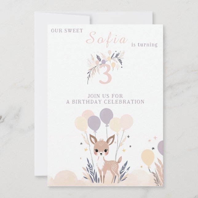 Pastel Boho Fawn and Balloons Birthday Invitation (Front)