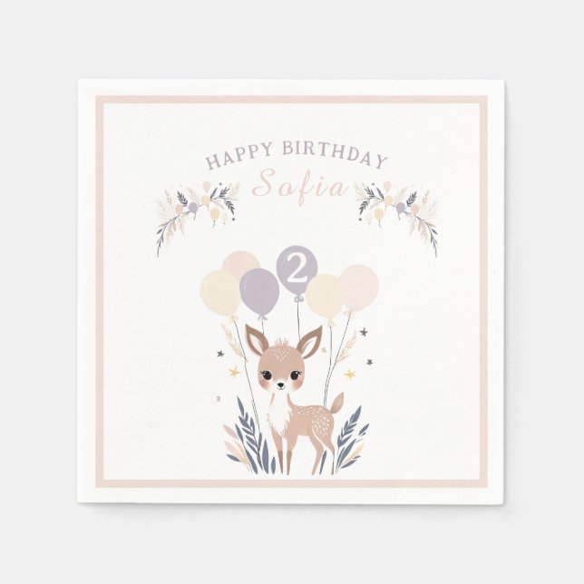Pastel Boho Fawn and Balloons Birthday  Napkins (Front)