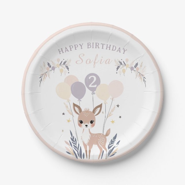 Pastel Boho Fawn and Balloons Birthday  Paper Plates (Front)