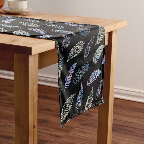 pastel boho feathers graphic pattern on black short table runner