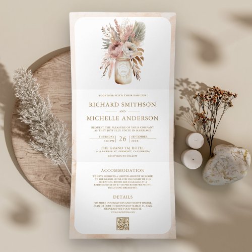 Pastel Boho Floral Mason Jar QR Code Wedding Tri_Fold Invitation