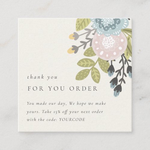 Pastel Boho  Floral Thank You For Order Discount Square Business Card
