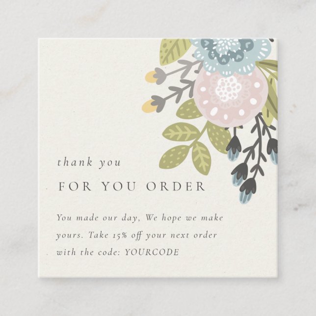 Pastel Boho  Floral Thank You For Order Discount Square Business Card (Front)
