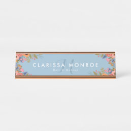 Pastel Boho Flowers Monogram Desk Name Plate