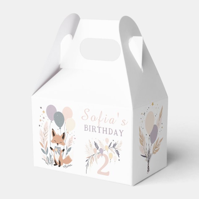 Pastel Boho Fox and Balloons Birthday Favor Boxes (Front Side)