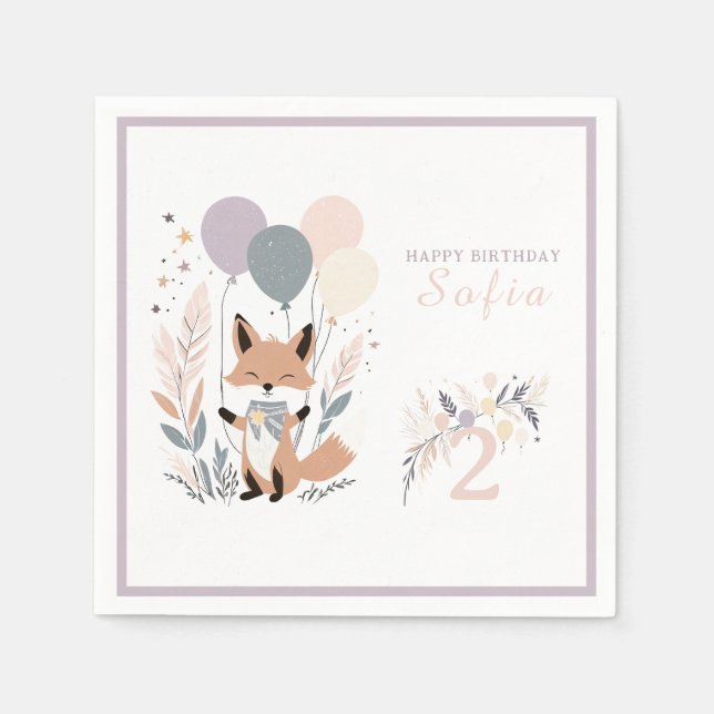 Pastel Boho Fox and Balloons Birthday Napkins (Front)