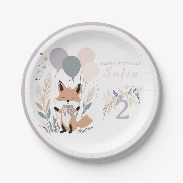 Pastel Boho Fox and Balloons Birthday Paper Plates (Front)