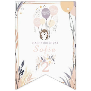 Pastel Boho Hedgehog and Balloons Birthday Bunting Flags