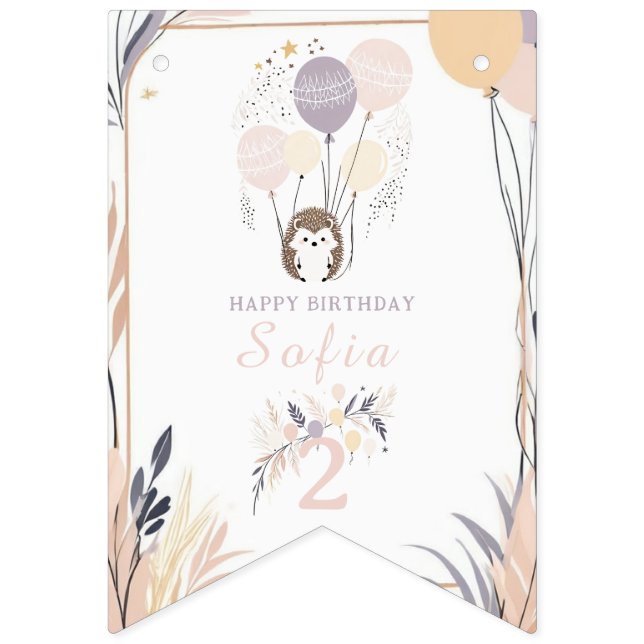 Pastel Boho Hedgehog and Balloons Birthday Bunting Flags (Sixteenth Flag)